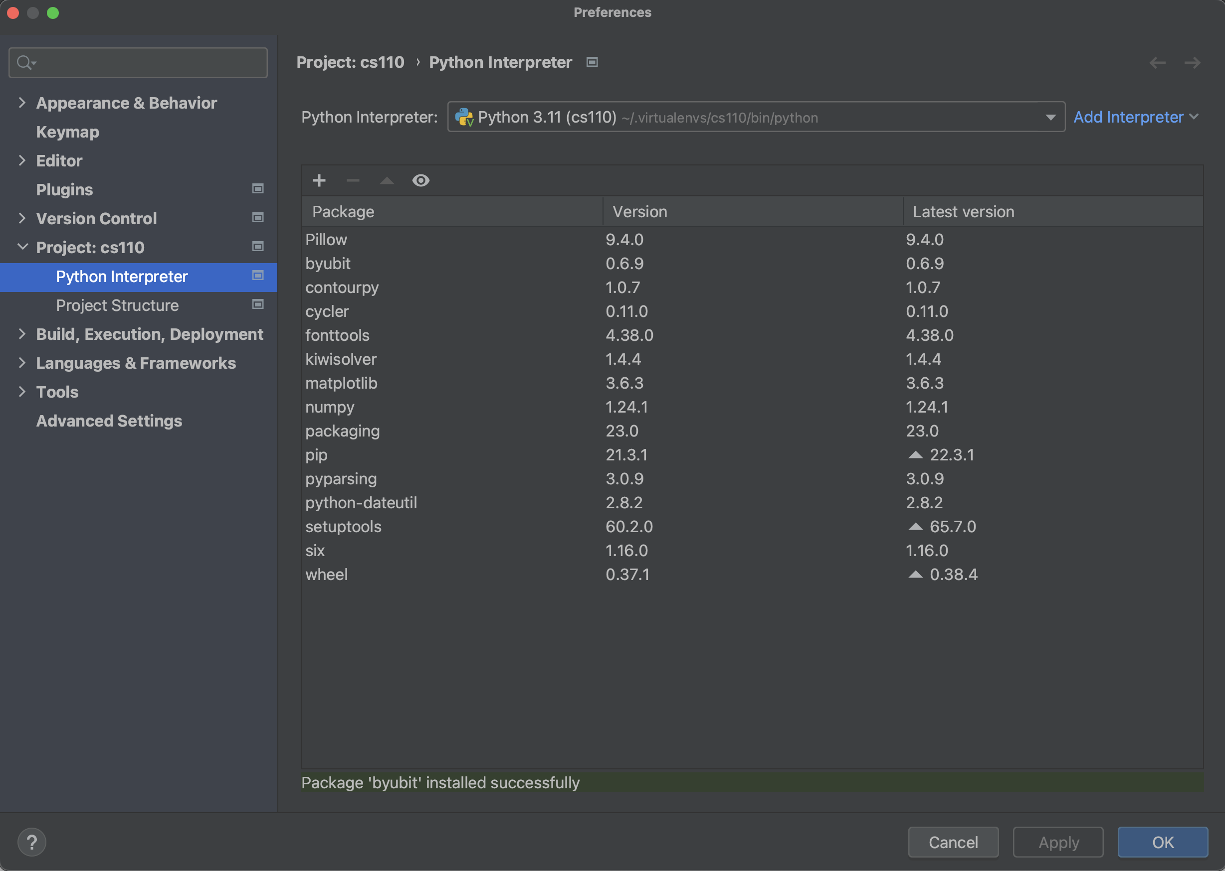 pycharm settings, packages installed