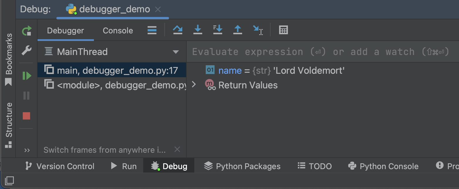 Pycharm debugger window shows name variable