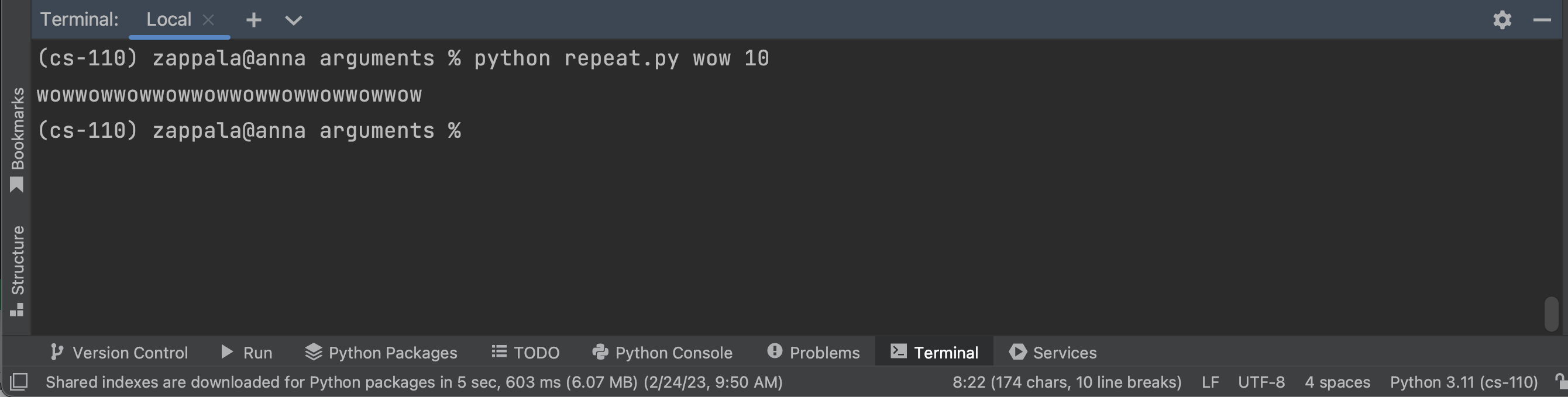 running python repeat.py wow 10